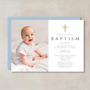 Moderne Baby Blau Schrift Kreuz Junge Foto Taufe Einladung