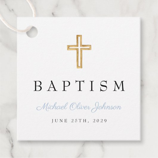 Moderne Baby Blue Script Religious Boy Baptism Geschenkanhänger (Vorderseite)