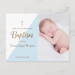 Moderne Baby Boy Blue Foto Taufe Vielen Dank Postkarte