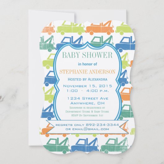 Moderne Baby Boy Tow Truck Dusche Einladung (Vorderseite)