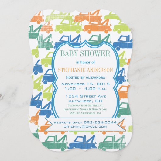 Moderne Baby Boy Tow Truck Dusche Einladung (Vorne/Hinten)