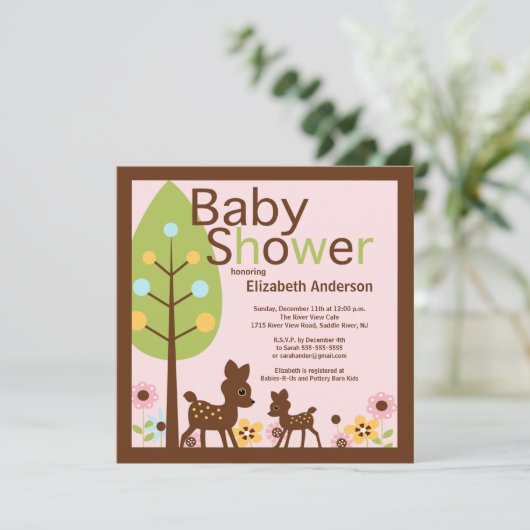 Moderne Baby Deer Girl Baby Dusche Einladung (Stehend Vorderseite)