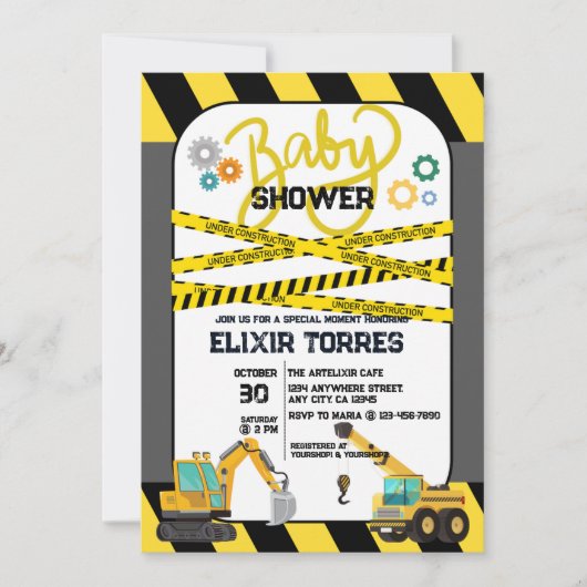 Moderne Baby-Dusche unter Bauarbeiten Einladung (Vorderseite)