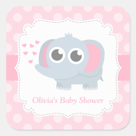 Moderne Baby Elephant Polka Dots Baby Dusche Quadratischer Aufkleber (Vorderseite)