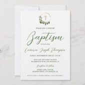 Moderne Baby-Taufe Wreath Gold Cross Green Motif Einladung (Vorderseite)