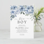 Moderne Babydusche aus Boy Dusty Blue Floral Einladung (Stehend Vorderseite)