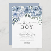 Moderne Babydusche aus Boy Dusty Blue Floral Einladung (Vorne/Hinten)