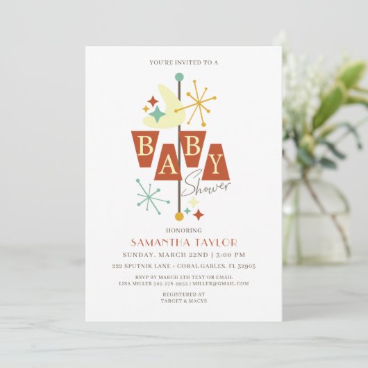 Moderne Babydusche aus der Mitte des Jahrhunderts Einladung (Stehend Vorderseite)