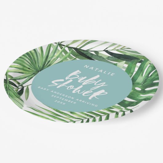 Moderne Babydusche mit blauer Tropendusche Pappteller (Schrägansicht)