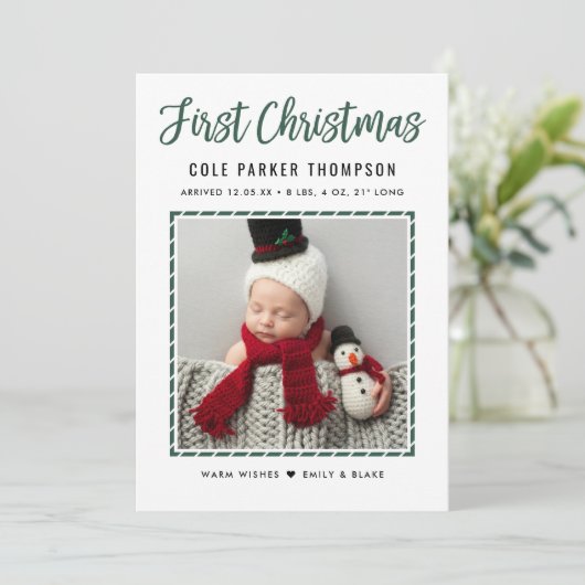 Moderne Babys Erste Weihnachten Grüne Streifen Fot (Stehend Vorderseite)
