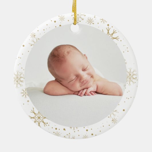 Moderne Babys Erste Weihnachtszeit Foto Gold Schne Keramik Ornament (Hinten)