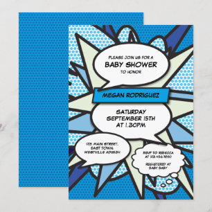 Moderne Babyshower Sprinkle Junge Blau Comic-Book Einladung