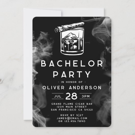 Moderne Bachelor Party Zigarren und Whiskey Black Einladung (Vorderseite)