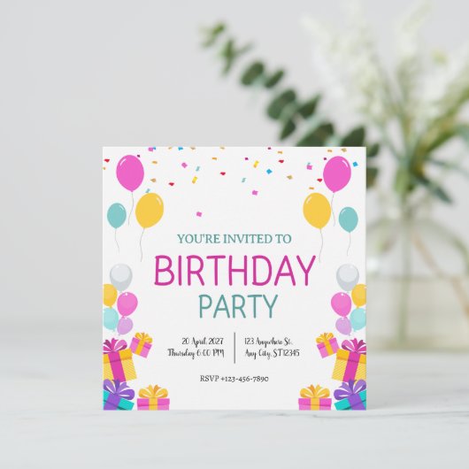 Moderne Balloons Geburtstagsparty Einladung (Stehend Vorderseite)