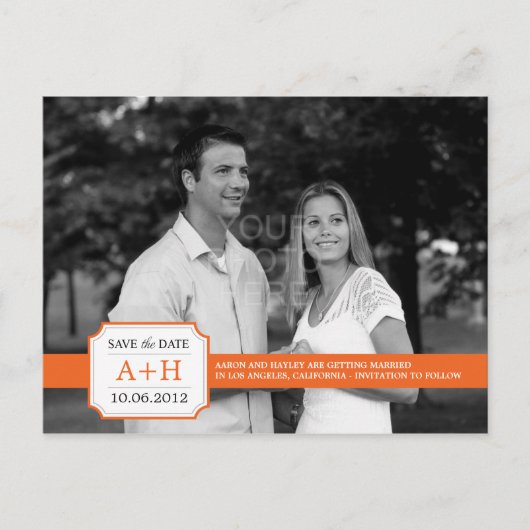 Moderne Band Save the Date Postkarte (Orange) (Vorderseite)