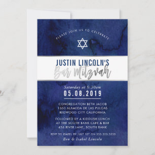 MODERNE BAR MITZVAH Blaue Aquarellfarbe Einladung