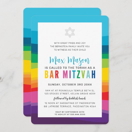 MODERNE BAR MITZVAH farbenfrohe technische Regenbo Einladung (Vorne/Hinten)