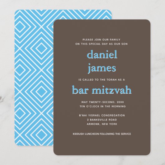 Moderne Bar Mitzvah Typografie Blue Brown Einladung (Vorne/Hinten)