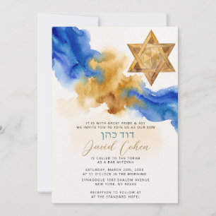 Moderne Bar Mizwa Aquarell Gold Blau Hebräisch Einladung