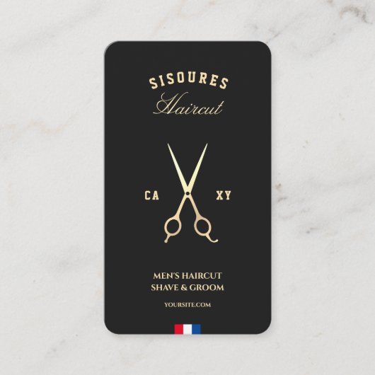 Moderne Barber Black Gold Scheren Red Blue White Visitenkarte (Vorderseite)