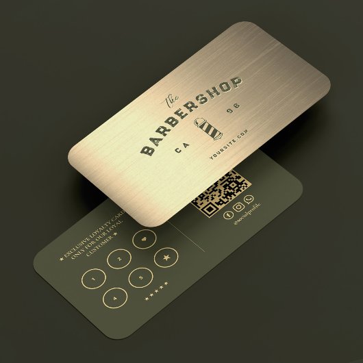 Moderne Barbershop Army Green Gold Barber Loyalty Visitenkarte