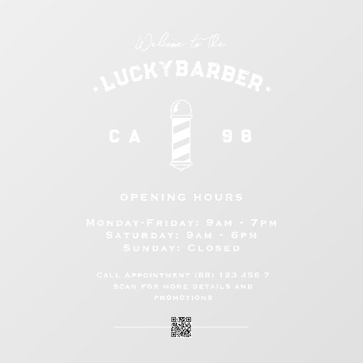 Moderne Barbershop Barber's Pole Opening Hours QR Fensteraufkleber (Blatt)