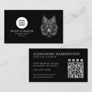 Moderne Barbier Shop Silber Wolf Logo Qr Code Visitenkarte