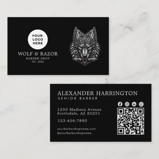 Moderne Barbier Shop Silber Wolf Logo Qr Code Visitenkarte (Vorne/Hinten)