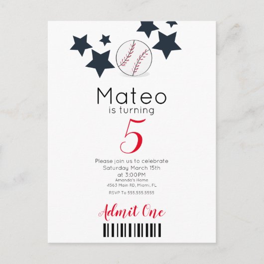 Moderne Baseballmuster-Ticket-Style-Party    Postkarte (Vorderseite)