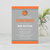 Moderne Basketball-Bar mitzvah in Grau und Orange Einladung (Stehend Vorderseite)