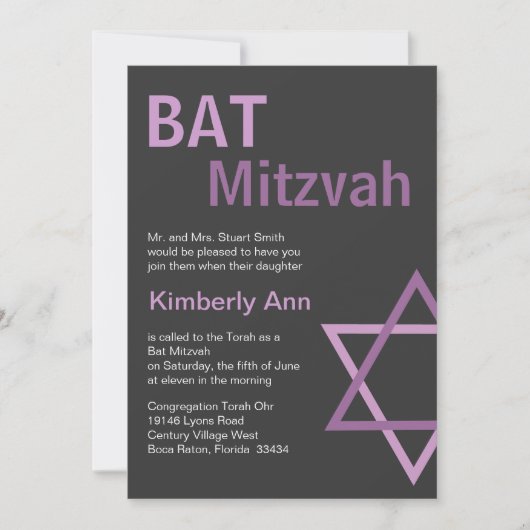 Moderne Bat Mitzvah Invitititiation - Dunkelgrau u Einladung (Vorderseite)