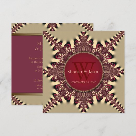 Moderne Batik Star Monogram Deep Red Gold Wedding Einladung (Vorne/Hinten)
