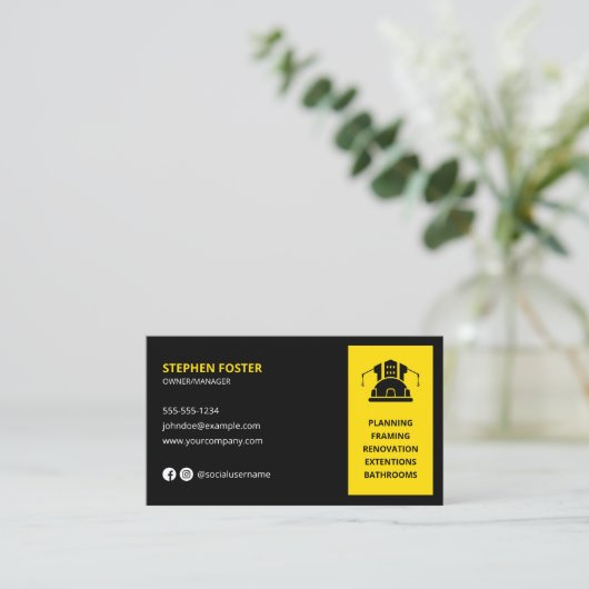 Moderne Bauhandyman Builder Black Yellow Visitenkarte (Stehend Vorderseite)