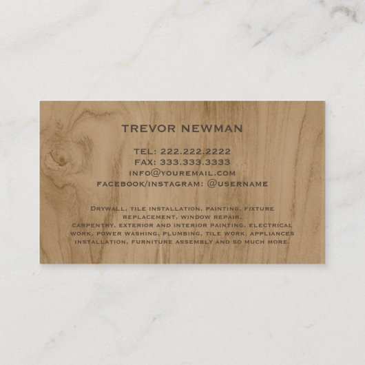 Moderne Bauhandyman-Zimmerwerkzeuge Holz Visitenkarte (Rückseite)