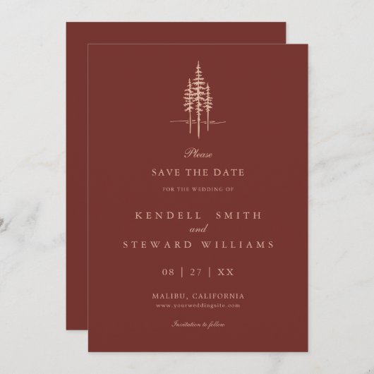 Moderne Baumwälder Rustikale Hochzeit retten das D Save The Date (Vorne/Hinten)