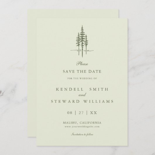 Moderne Baumwälder Rustikale Hochzeit retten das D Save The Date (Vorne/Hinten)