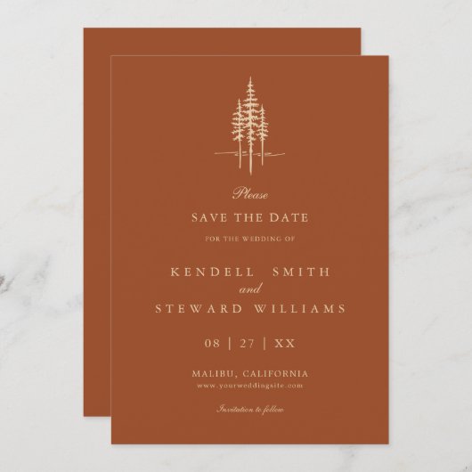 Moderne Baumwälder Rustikale Hochzeit retten das D Save The Date (Vorne/Hinten)