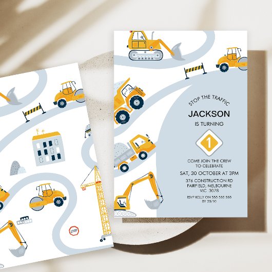 Moderne Baustellen stoppen den Verkehr 1. Geburtst Einladung