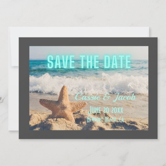 Moderne Beachszene Grau Border Save the Date (Vorderseite)