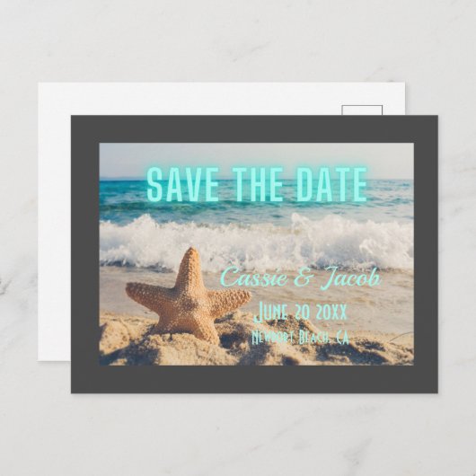Moderne Beachszene Grau Border Save the Date Ankündigungspostkarte (Vorne/Hinten)