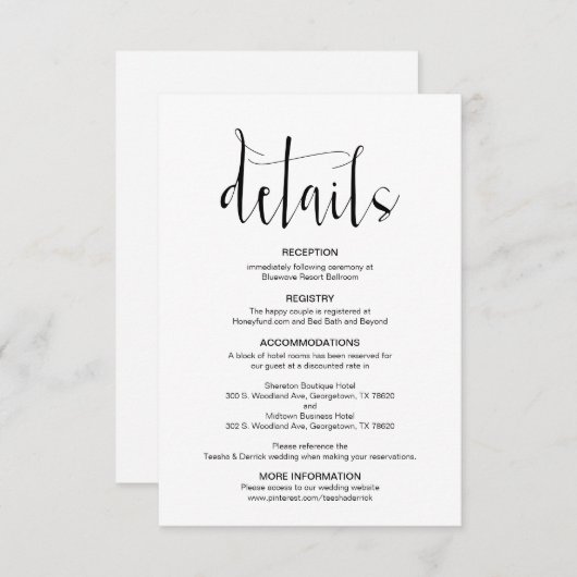 Moderne bearbeitbare Hochzeitsdetails, Schwarzer S Begleitkarte (Vorne/Hinten)