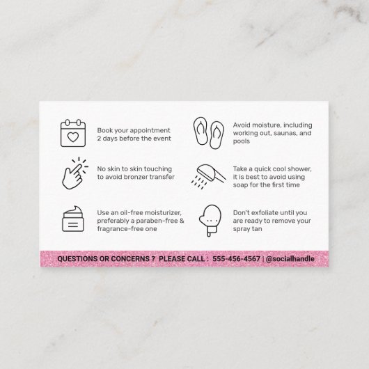 Moderne bearbeitbare Sif Spray Tan Aftercare Card Visitenkarte (Rückseite)