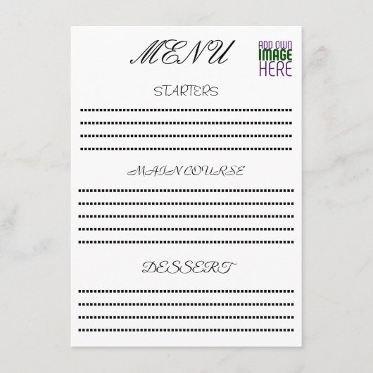 MODERNE BEARBEITUNGSFÄHIGE, EINFACHE WEISSE BILDTE MENÜKARTE (Vorderseite)