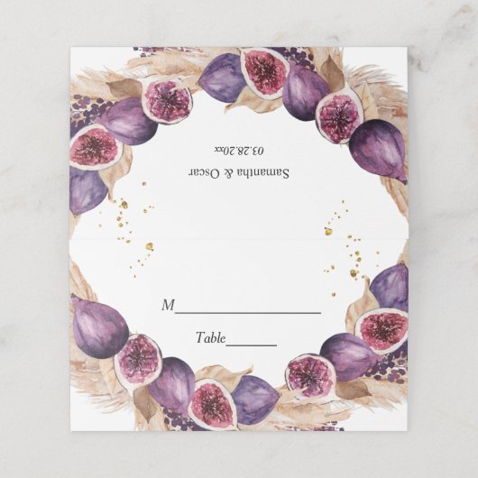 Moderne Beauty Lila Figs & Pampas & Gold Drops Platzkarte (Außenseite Aufgefaltet)