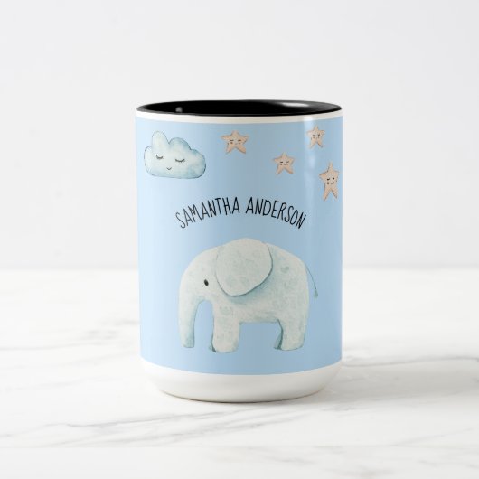 Moderne Beauty Pastel Blau Elefant & Sterne Kind Zweifarbige Tasse (Mittel)