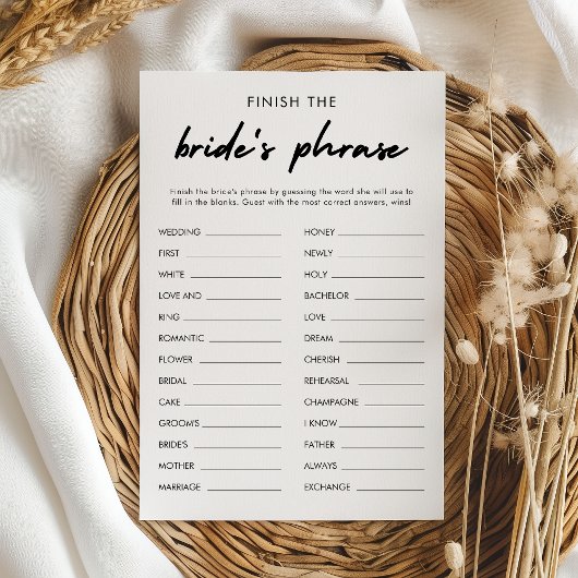 Moderne Beenden Sie die Bride's Phrase Bridal Game Einladung