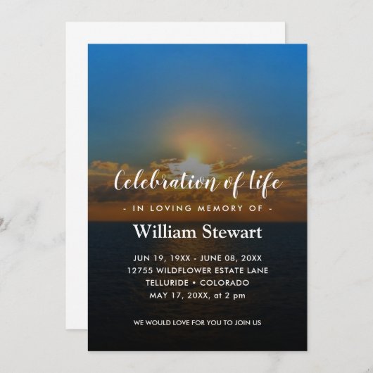 Moderne Beerdigung | Beach Sunset Celebration Life Einladung (Vorne/Hinten)