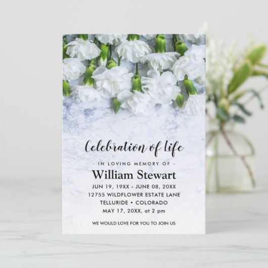 Moderne Beerdigung | Feiern der weißen Blume des L Einladung (Stehend Vorderseite)