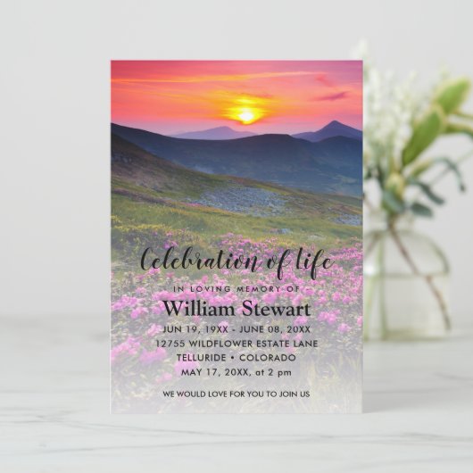 Moderne Beerdigung | Feiern zum Sonnenuntergang Einladung (Stehend Vorderseite)