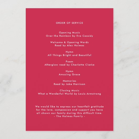 Moderne Beerdigung | Pink Celebration of Life Prog Programm (Rückseite)